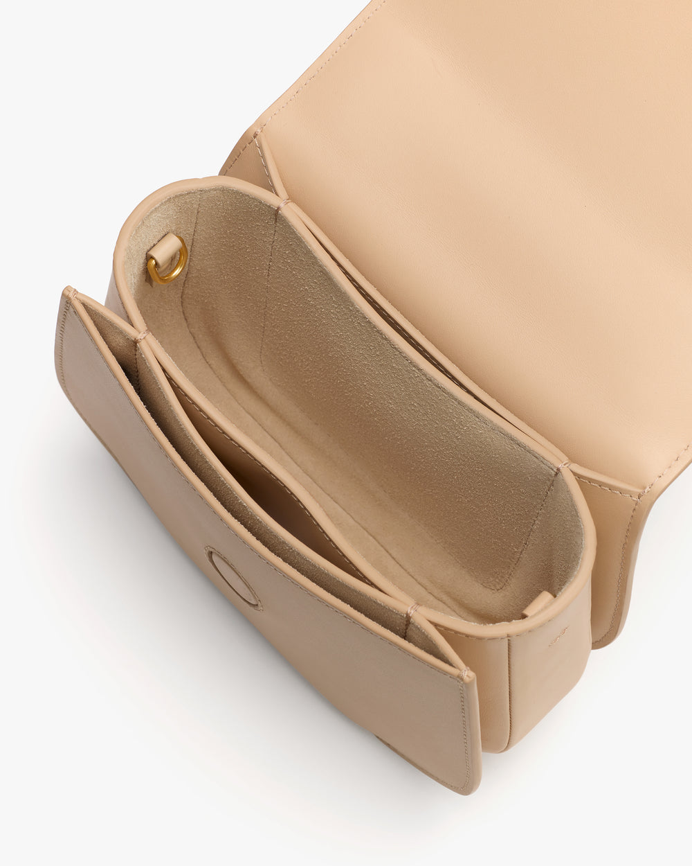 Open handbag with multiple compartments and a magnetic closure