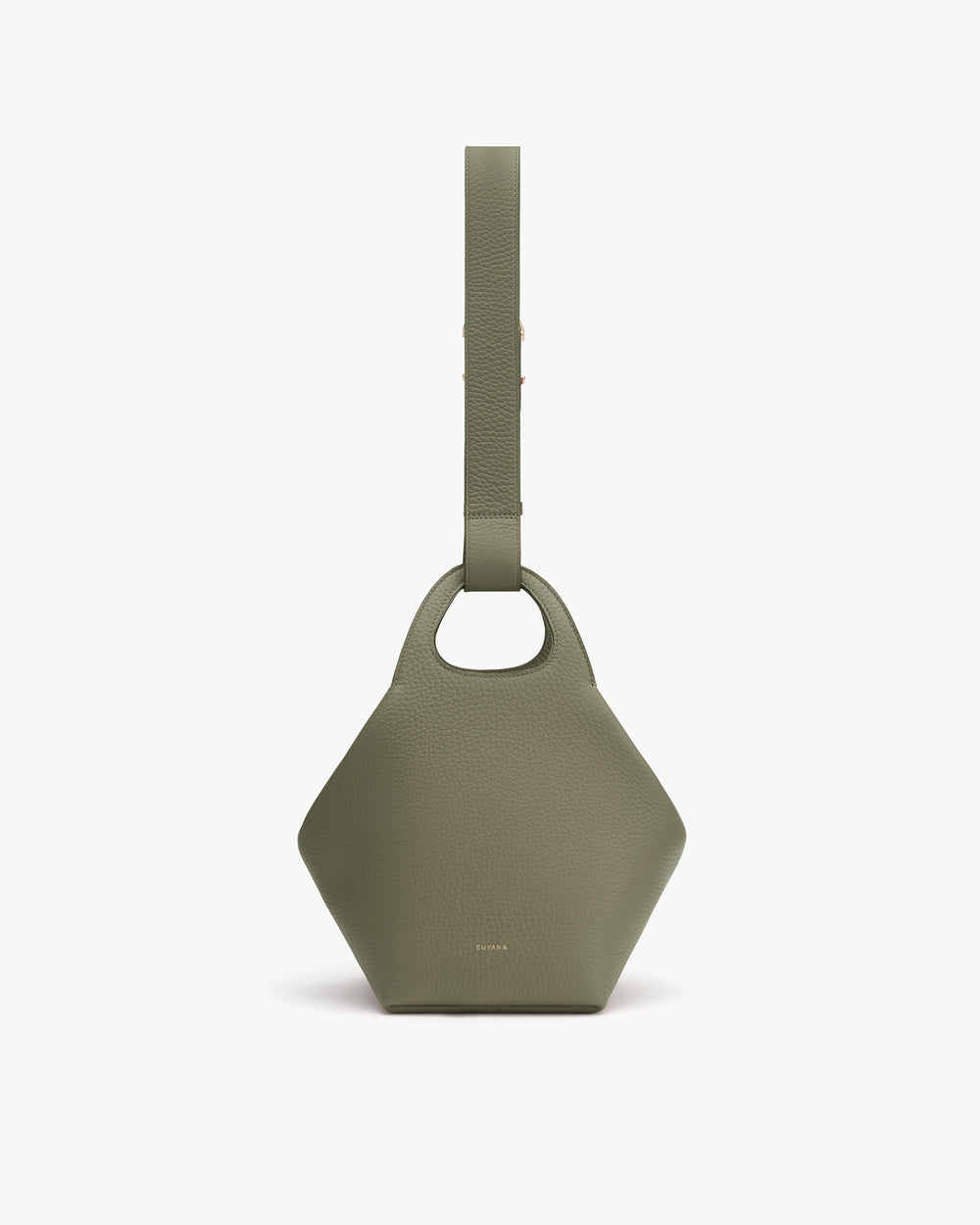 Hexagonal handbag with a wide strap and small handle cutout.