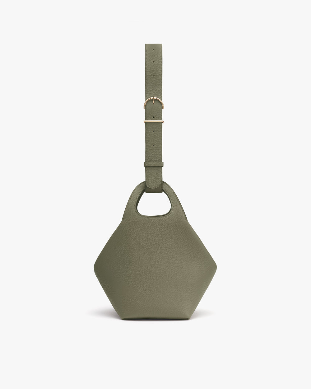 Hexagonal handbag with short strap and small cutout handle.