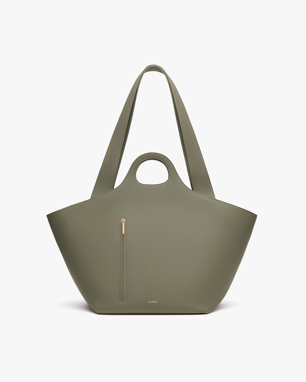 Fashionable tote bag with a small front zipper pocket and two straps.