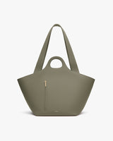 Fashionable tote bag with a small front zipper pocket and two straps.