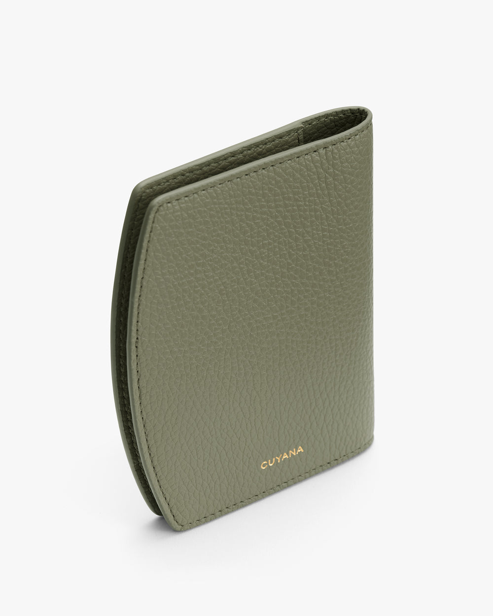 A textured wallet standing upright on a plain background.