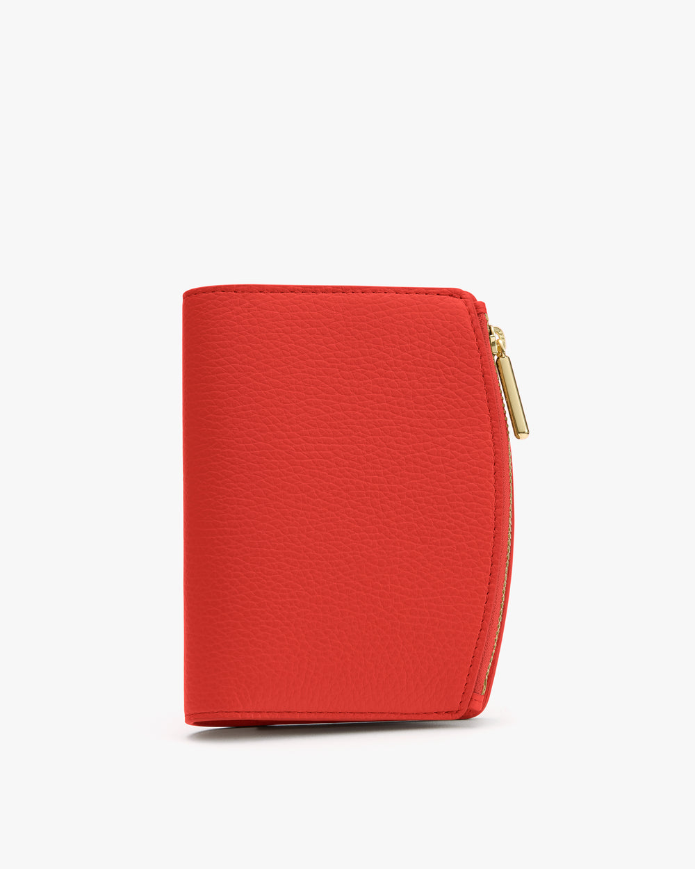 A small wallet with a zipper closure stands upright.