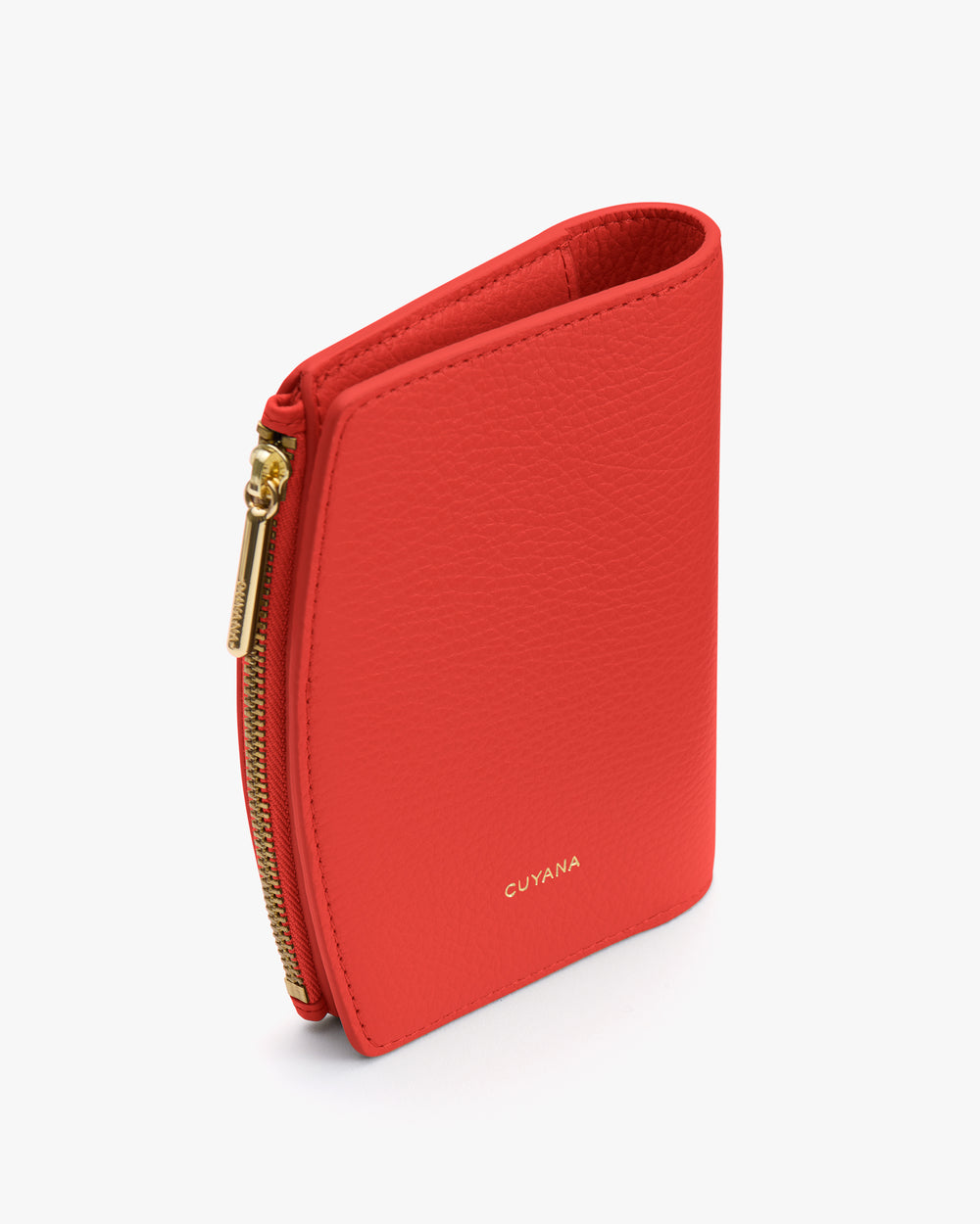 Small textured wallet with a zipper and a brand logo.