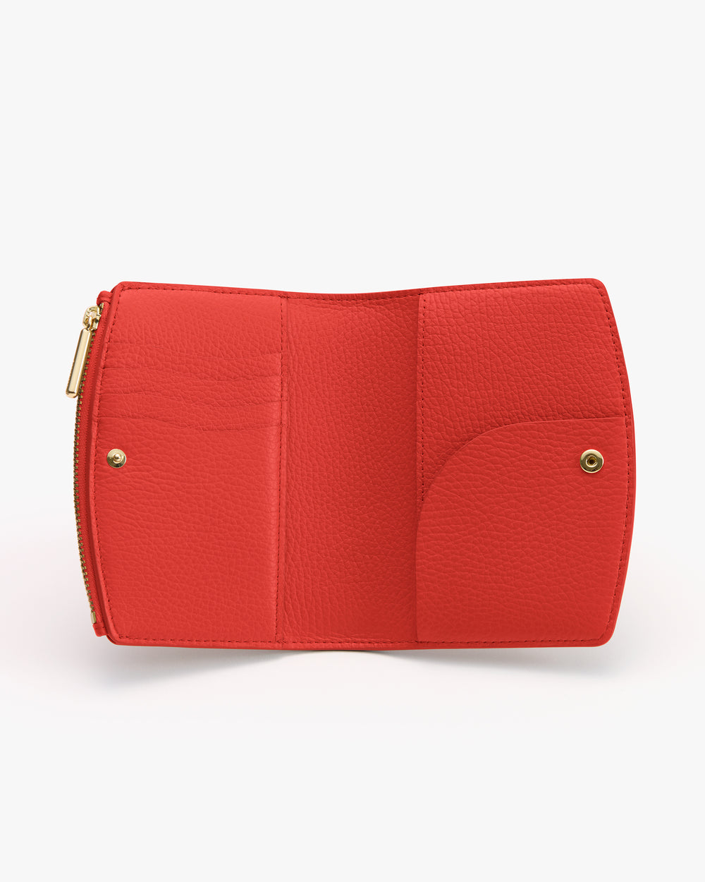 Open wallet with multiple compartments and a zipper.