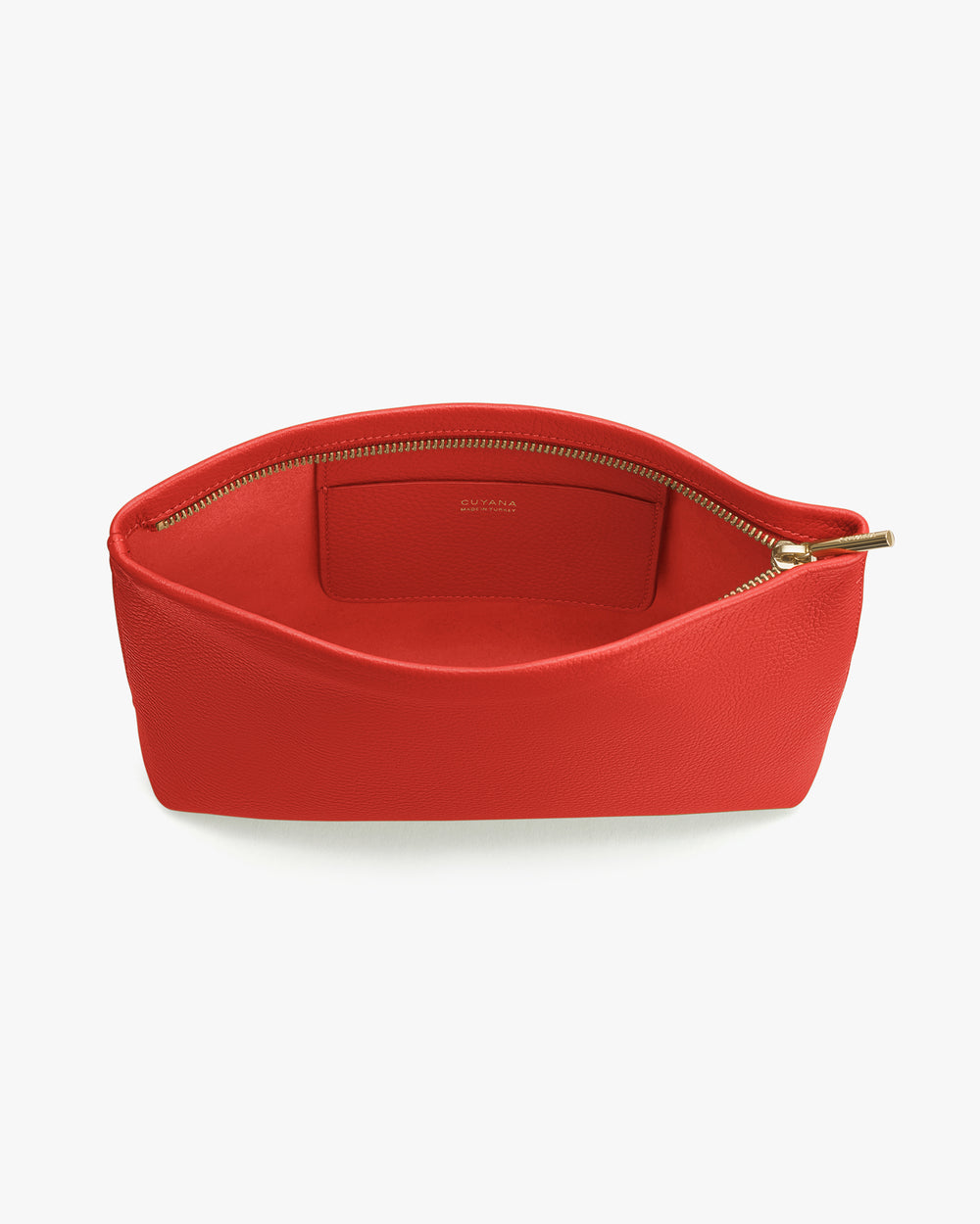 Open handbag with zipper viewed from above.