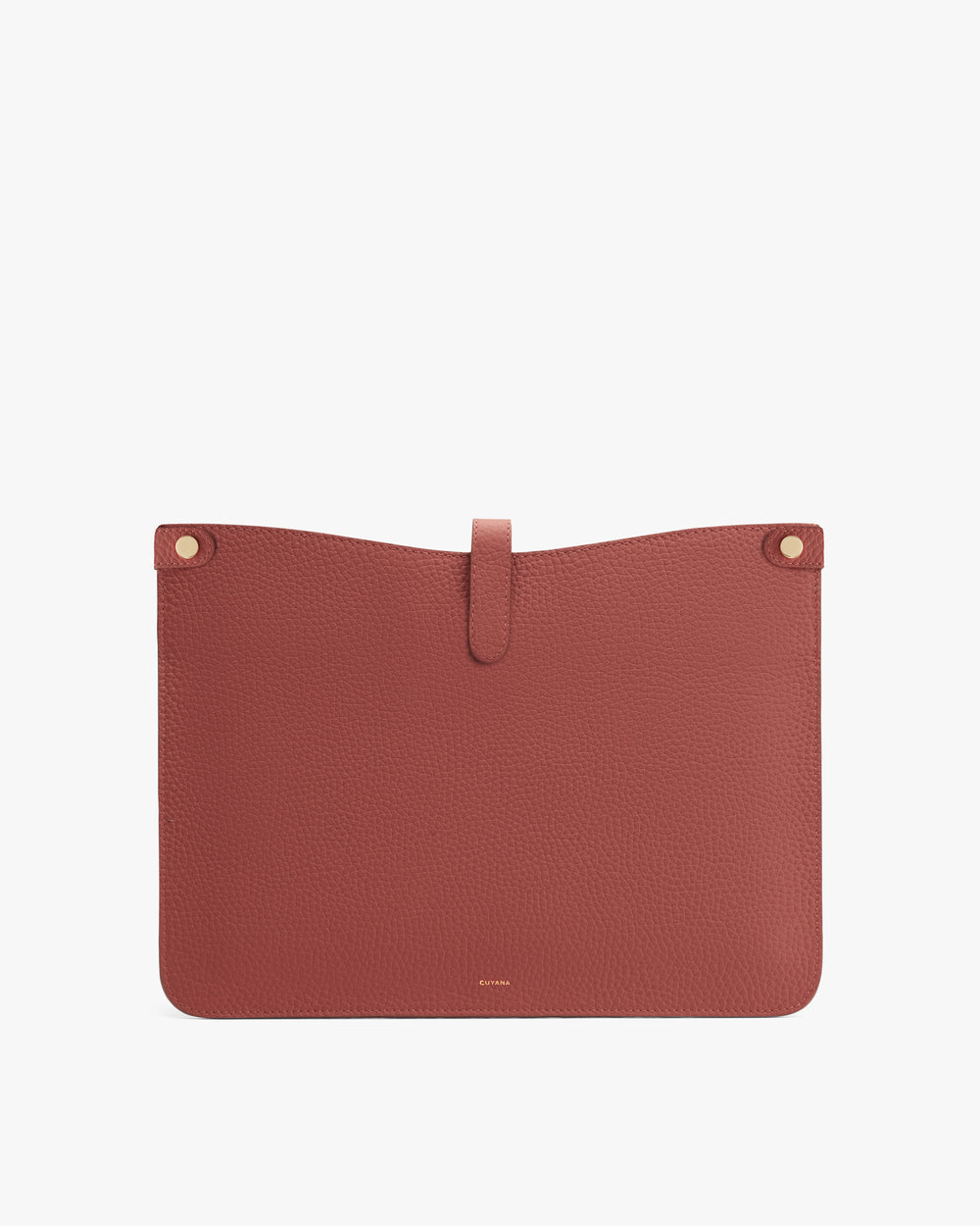 Leather envelope clutch with button accents and a tab closure.