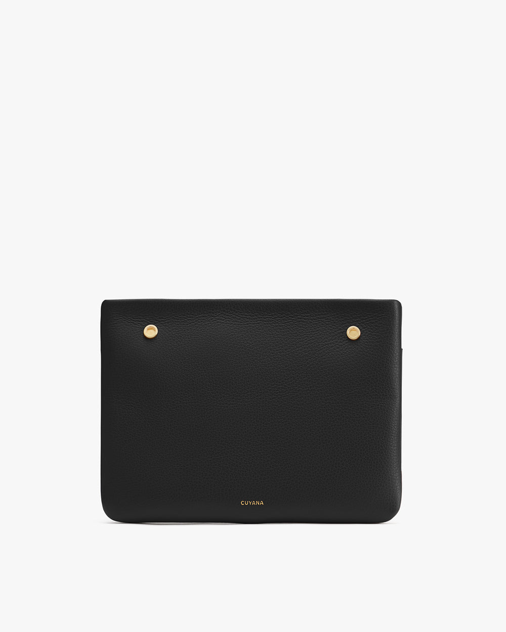 Rectangular leather pouch with two button closures on top.