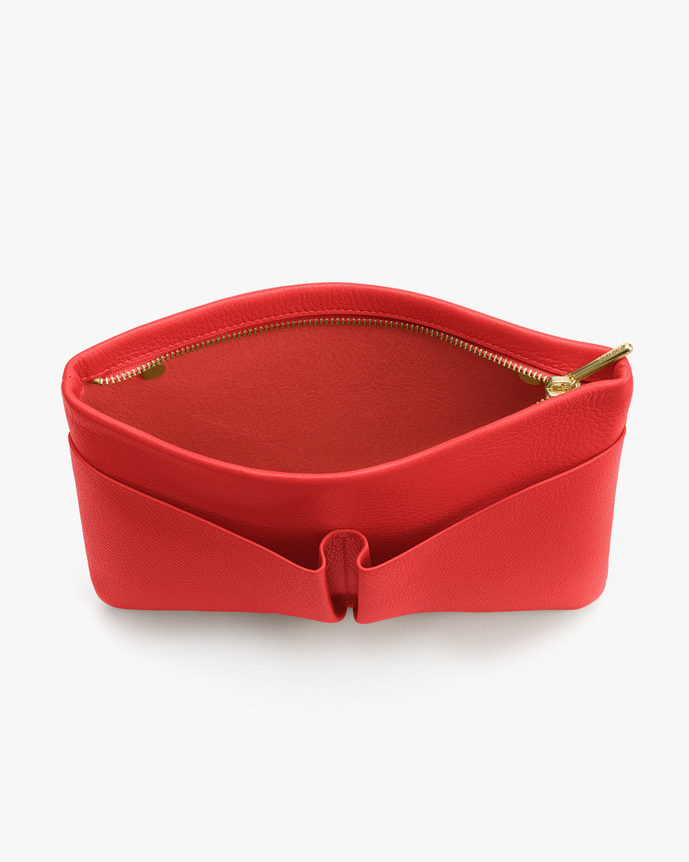 Open minimalist handbag with a visible zipper and curved design.