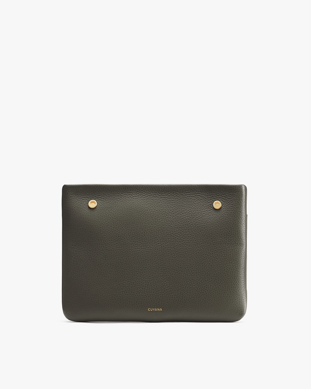Rectangular leather clutch with metal button accents.