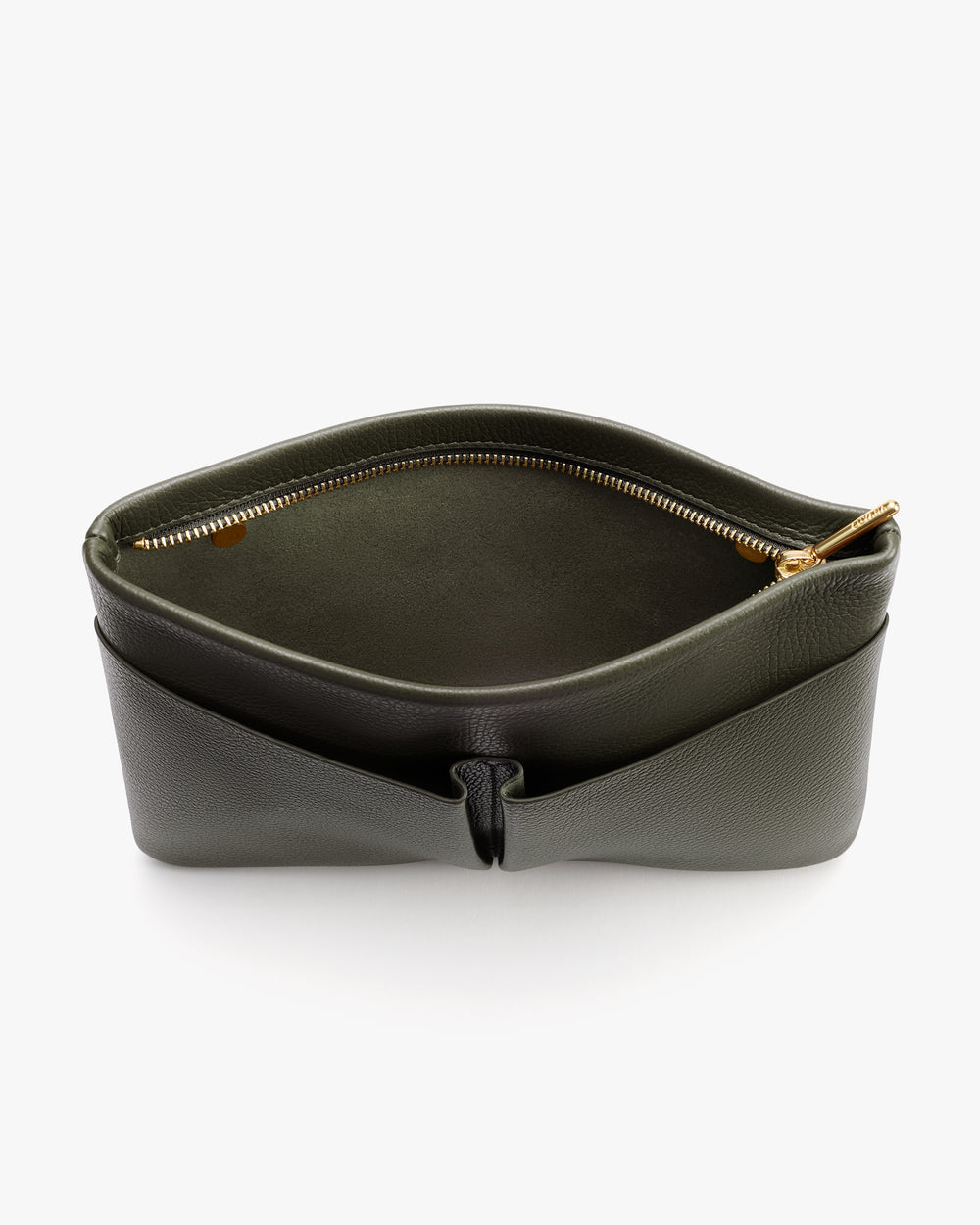 Open pouch with a zippered top and a small loop closure at the center front.