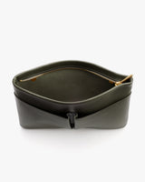Open pouch with a zippered top and a small loop closure at the center front.