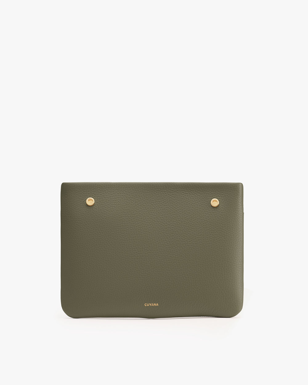 Rectangular leather clutch with two gold studs on top.