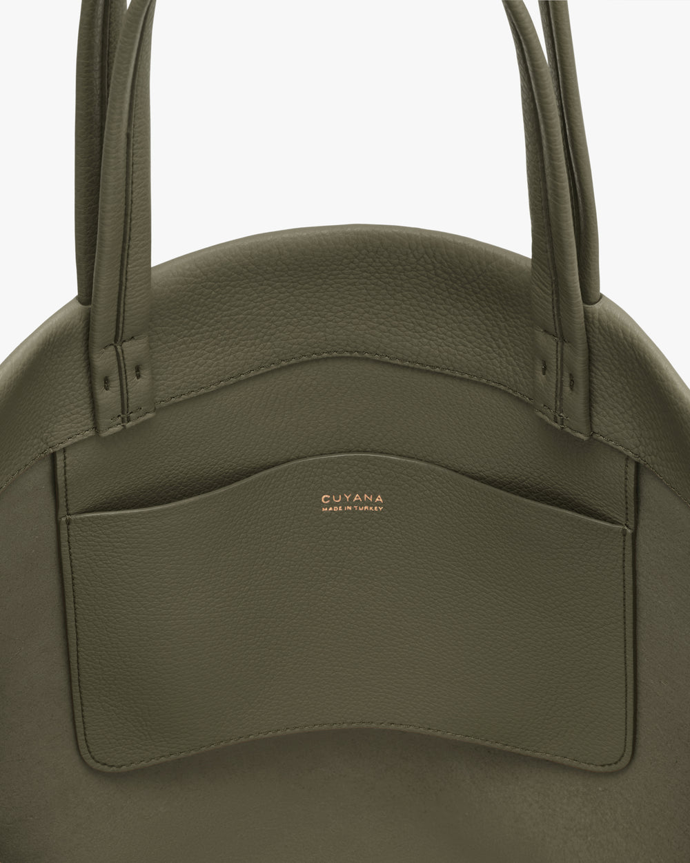 Round handbag with two handles and logo on pocket.