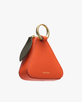 Triangle-shaped leather pouch with metal ring loop.