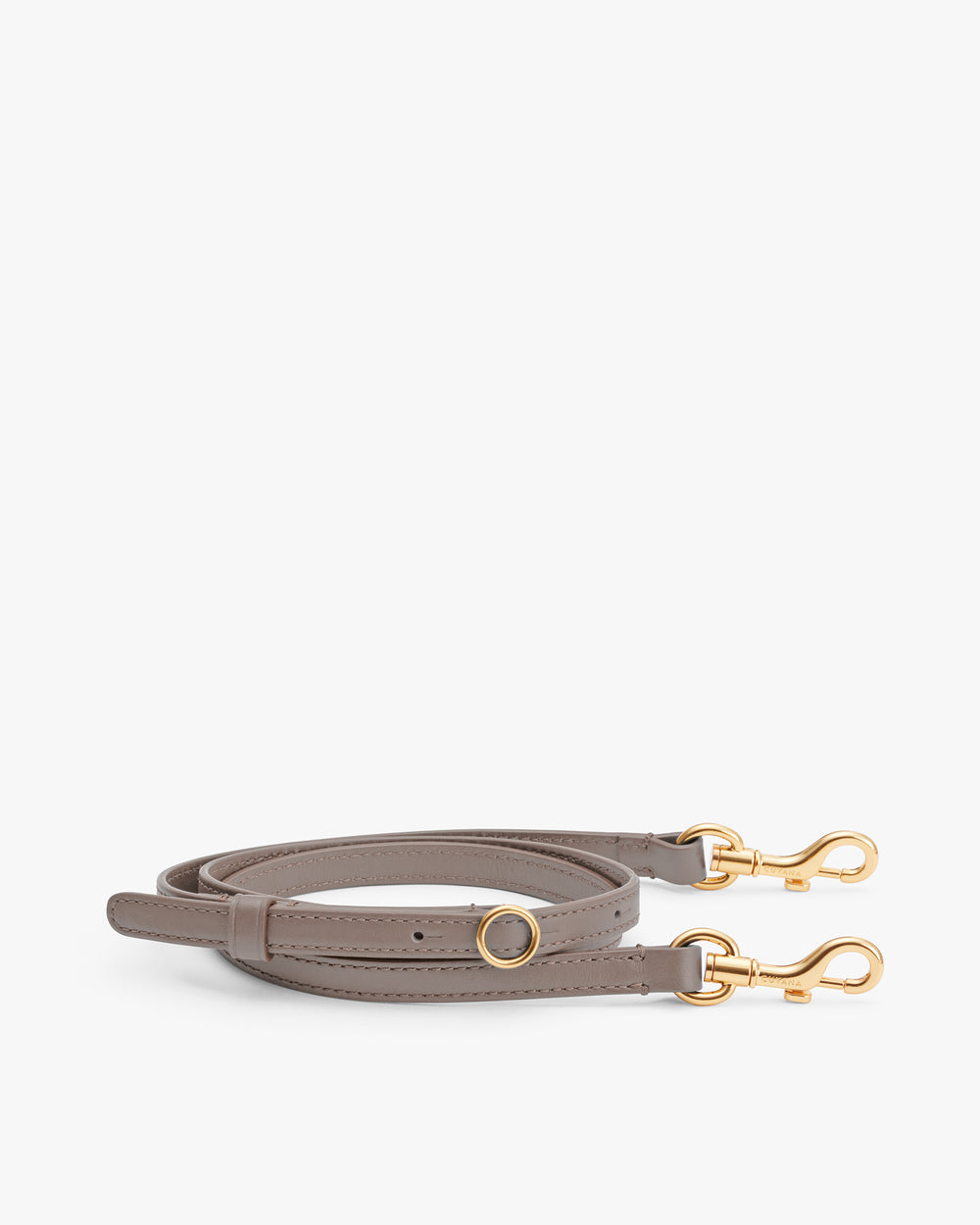 Leather strap with gold clasps laid flat.