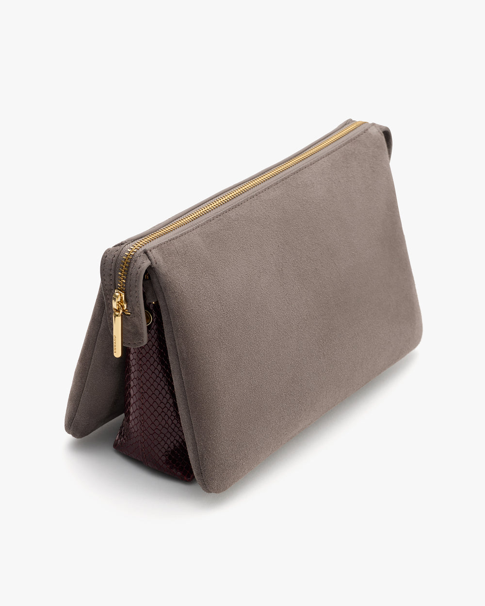 Pouch with a zippered top and a textured side panel.