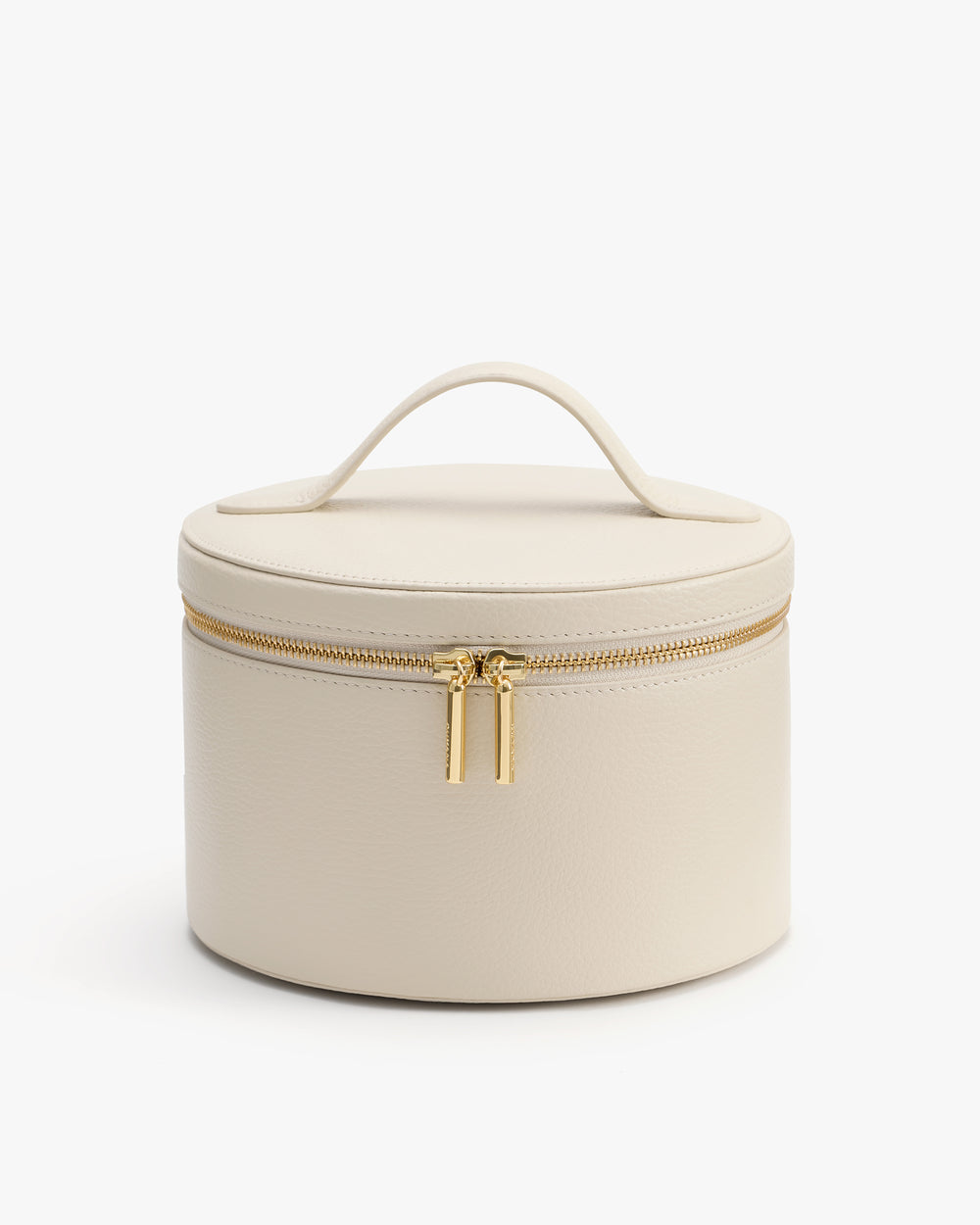 Round storage case with handle and zipper.