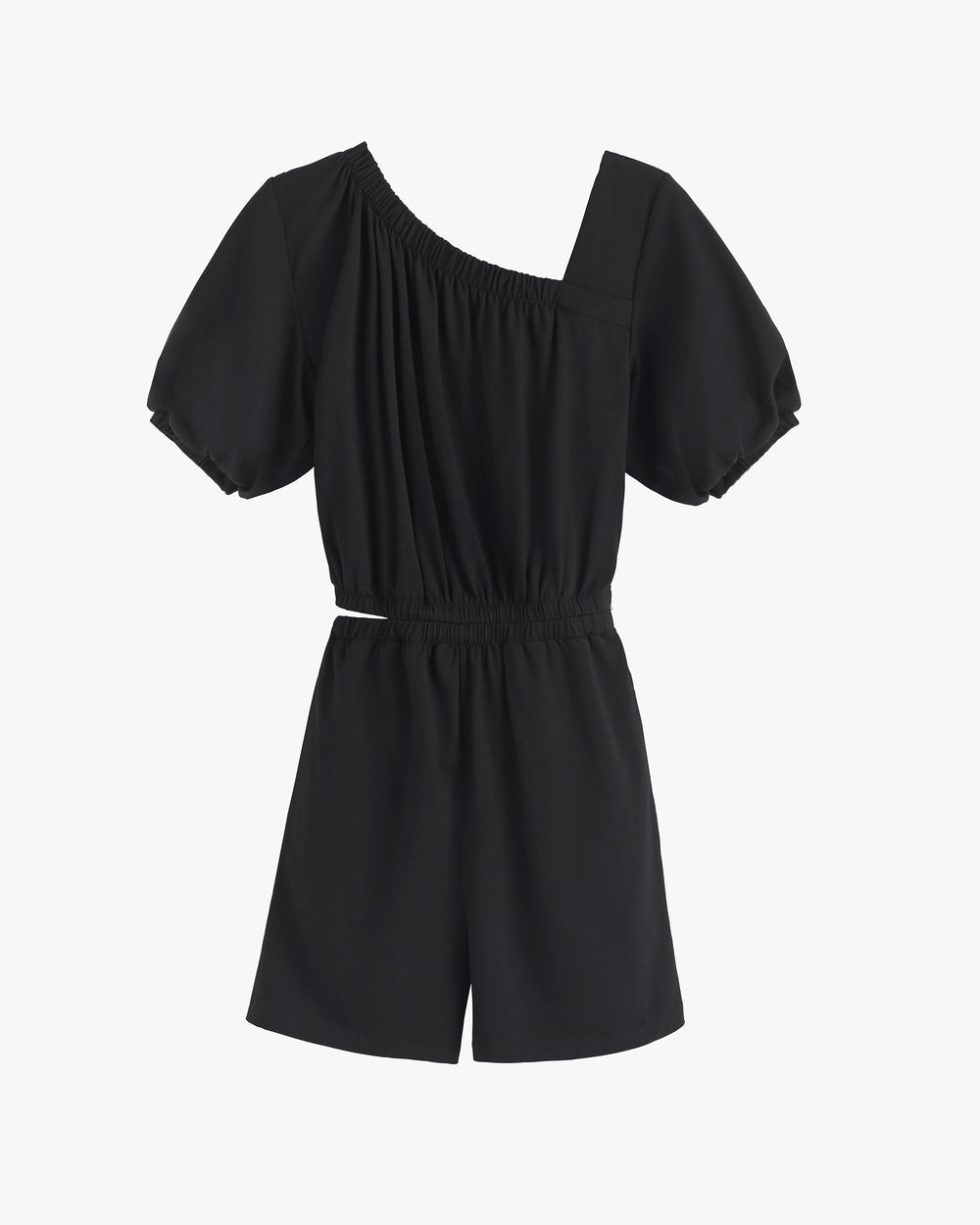 One-shoulder short-sleeve romper on display.