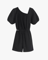 One-shoulder short-sleeve romper on display.