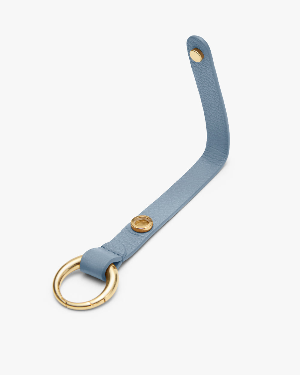 Leather strap with metal ring and button closure.