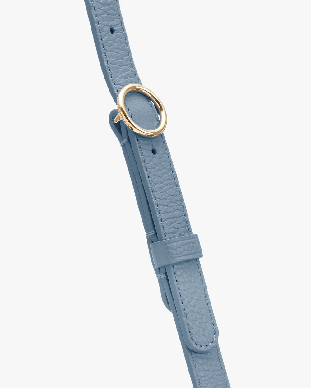 A bag strap with a circular metal buckle.