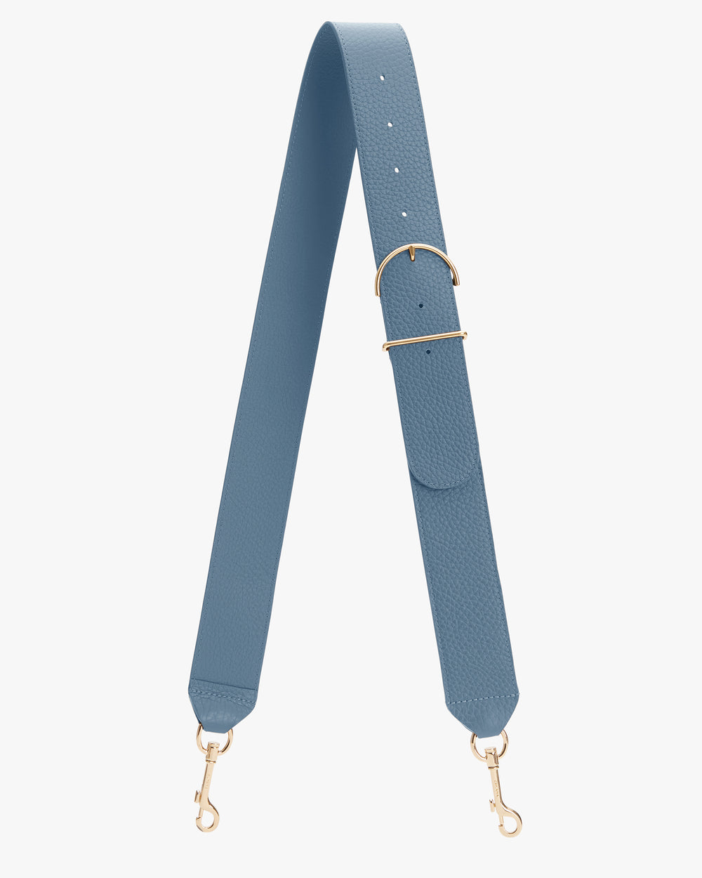 Wide adjustable strap with gold clips and buckle adjustments on white background.