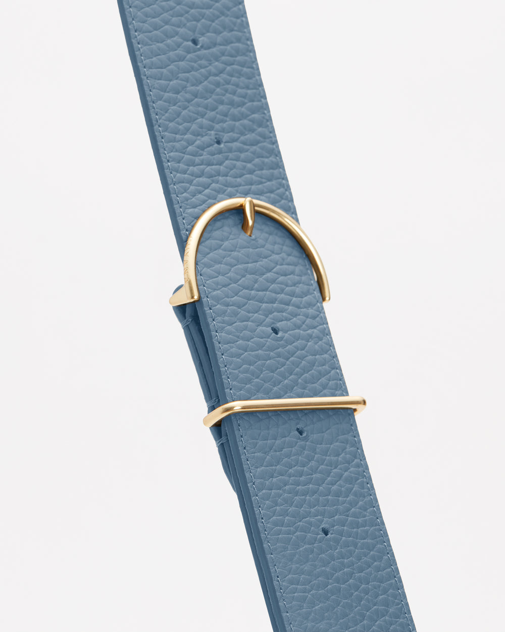 Close-up of a textured belt with a gold buckle.