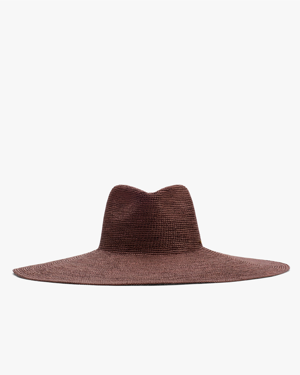 Wide-brimmed hat with a textured surface on a white background.