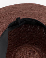 Inside view of a woven hat with a black band.