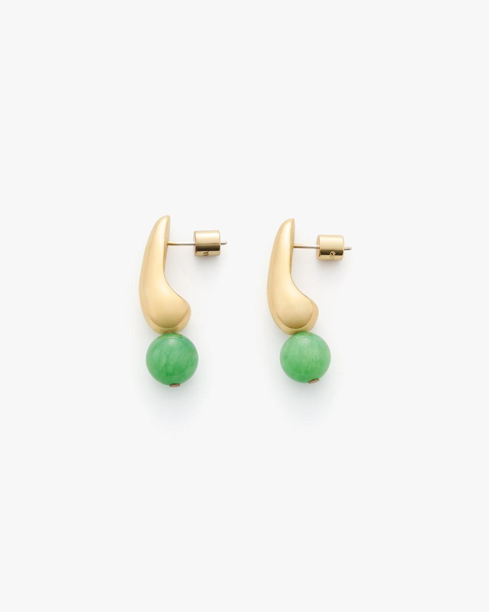 Two asymmetrical earrings with curved shapes and green round beads