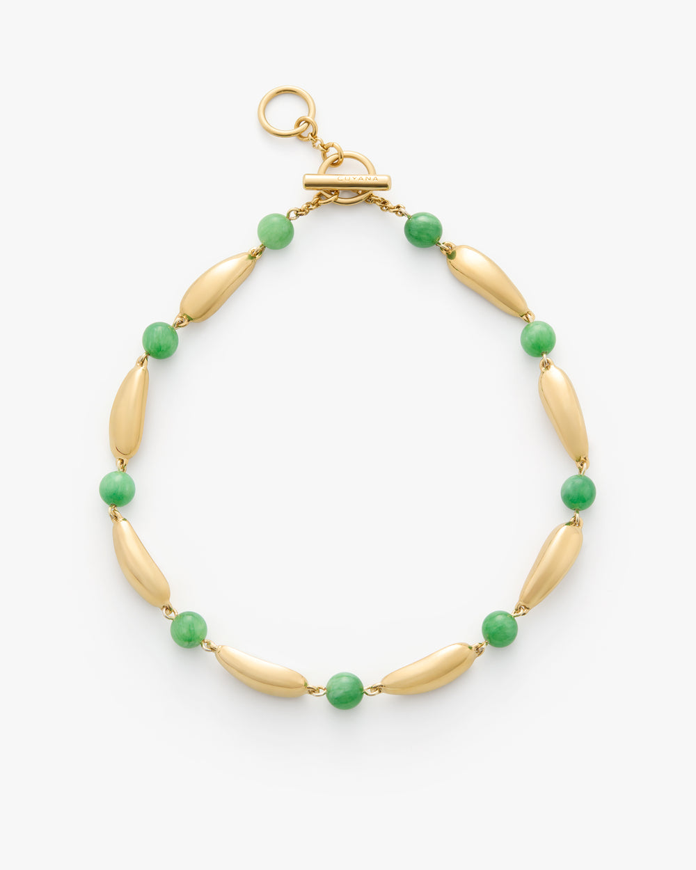 Beaded bracelet with alternating oval and round shapes and a clasp.