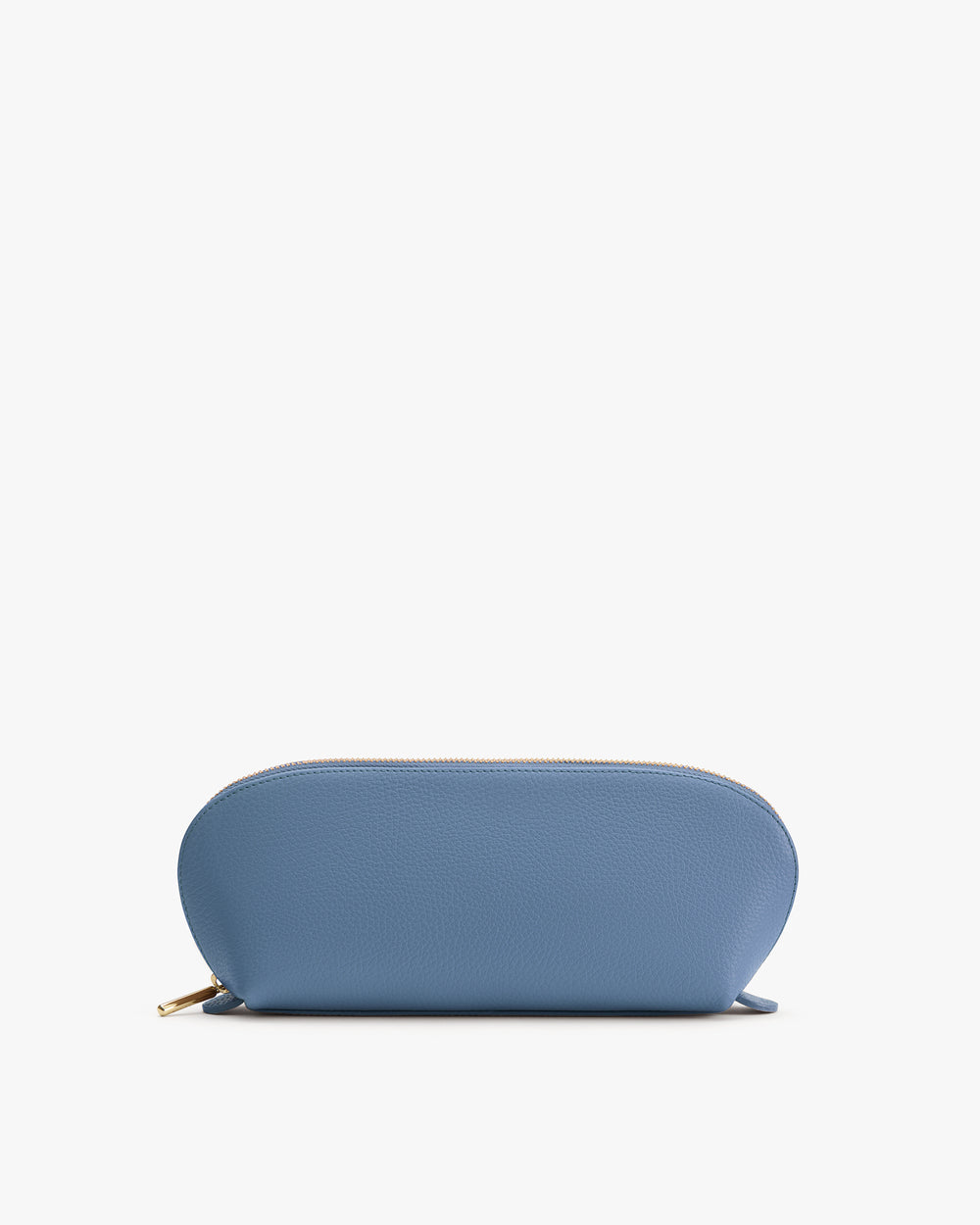 Rounded pouch with zipper on white background.