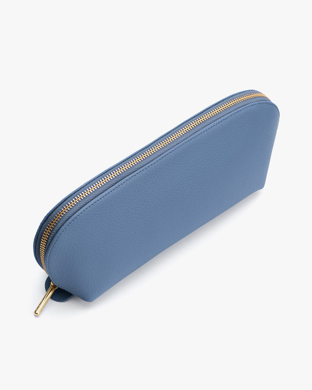 Long zippered pouch with a curved top and textured surface.