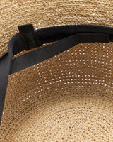 Inside view of woven hat with black strap.