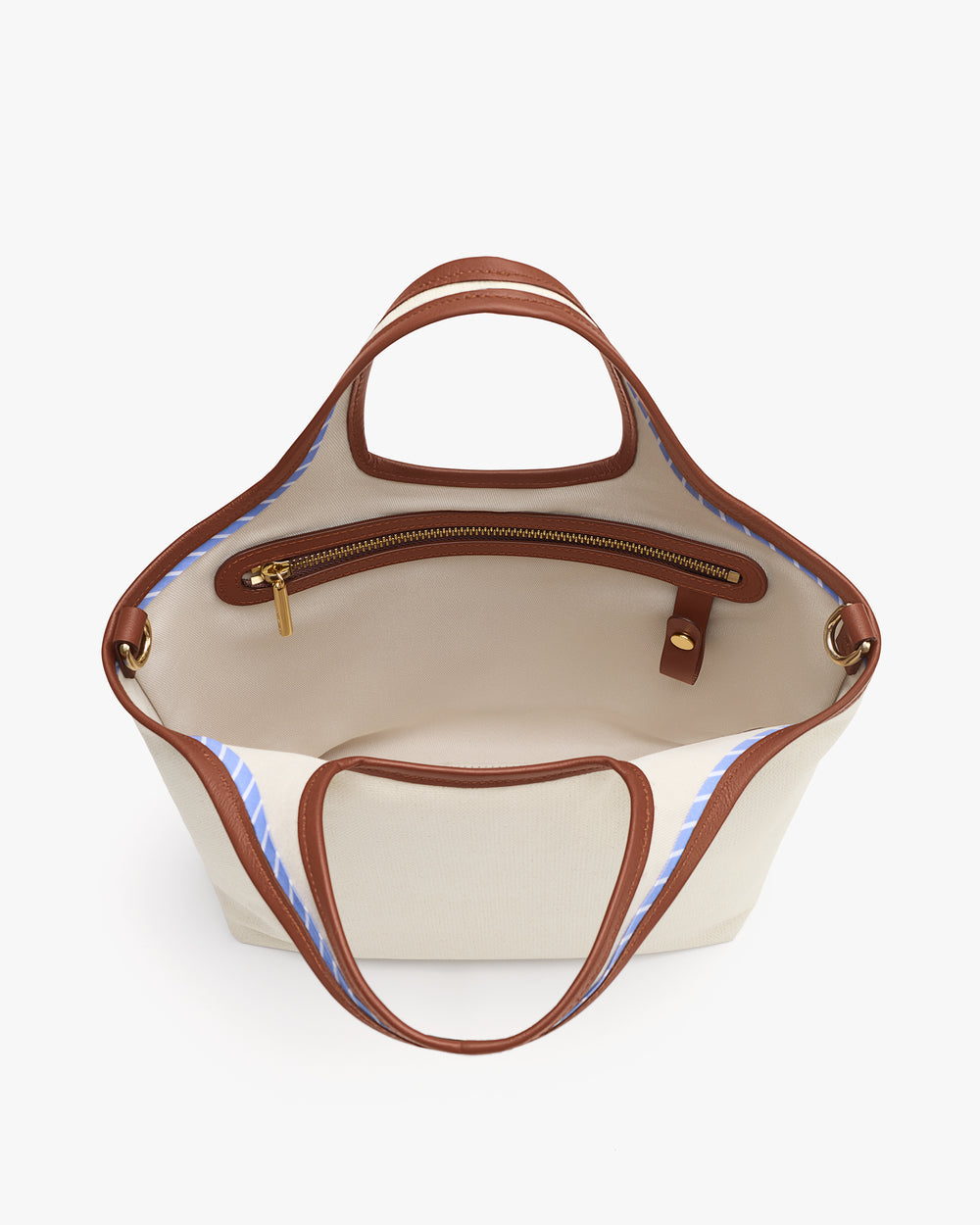 Open tote bag with handles and inner zip pocket.