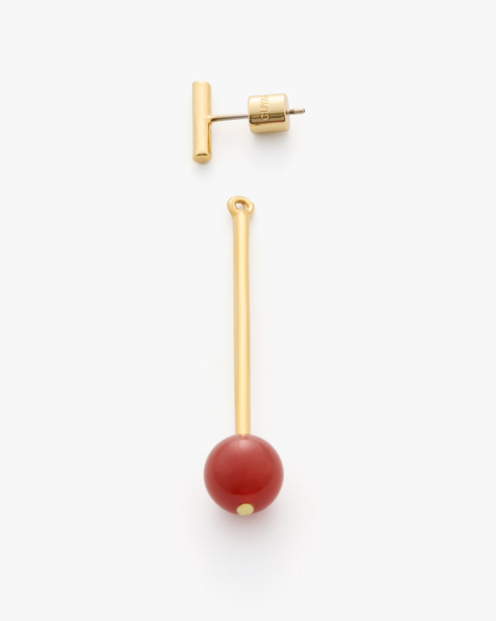 Dangling earring with a long rod and round bead charm.