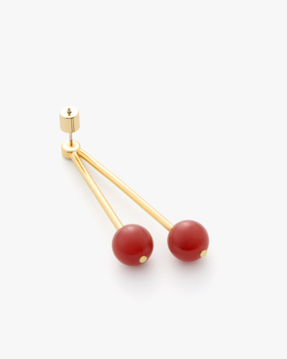 Earring with two dangling rods and round beads at ends.
