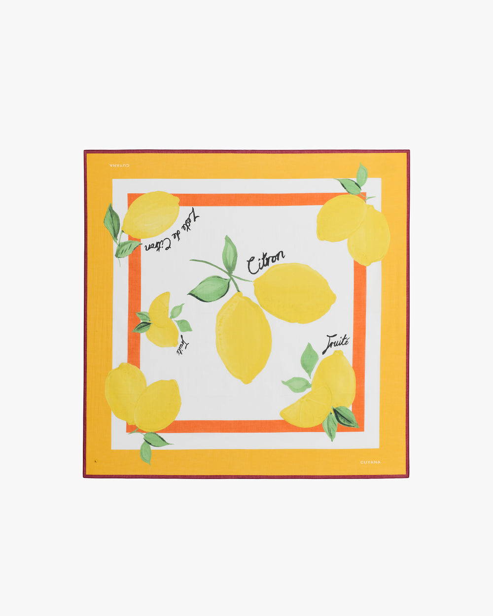 Square scarf with lemon and leaf design, featuring text in cursive.