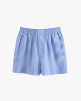 Striped men's boxer shorts with an elastic waistband and button details.