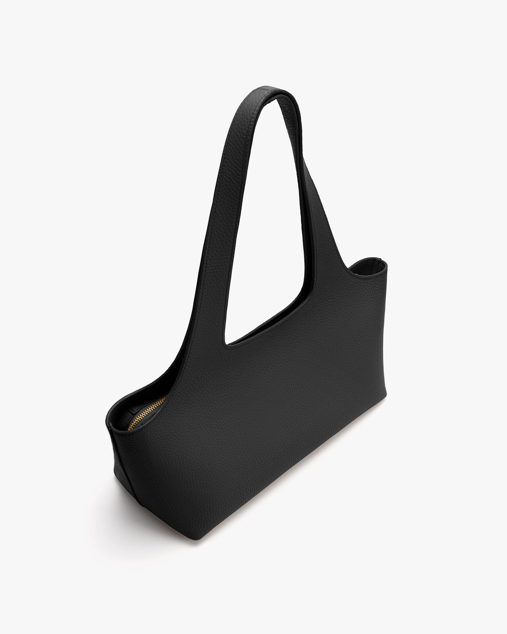 Rectangular handbag with long handles on plain background.