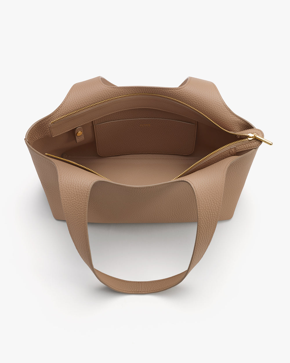 Open tote bag with interior pocket and zipper.