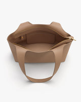 Open tote bag with interior pocket and zipper.