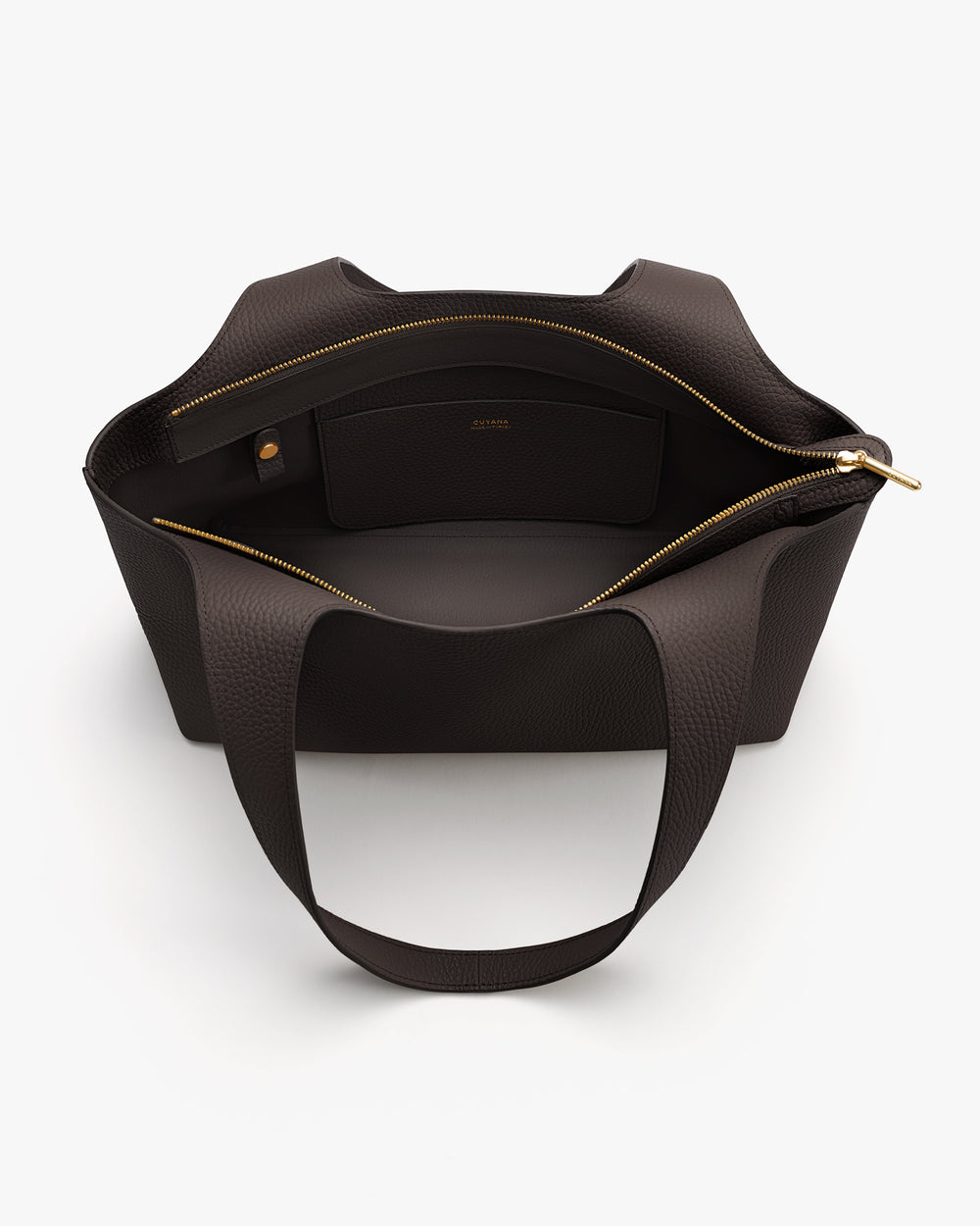 Open tote bag with an inner pocket and zipper, viewed from above.
