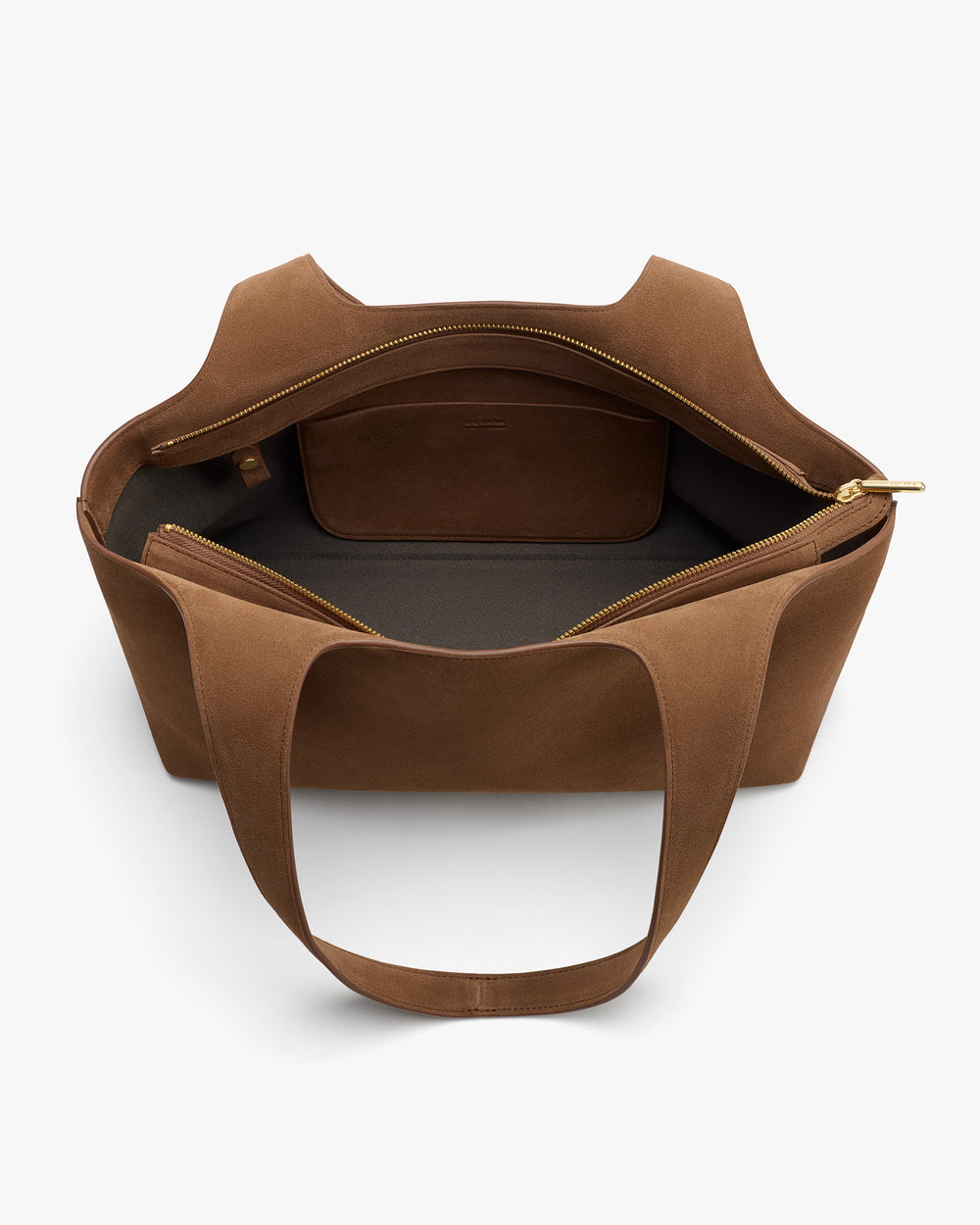 Open tote bag with zipper pocket inside and two handles.