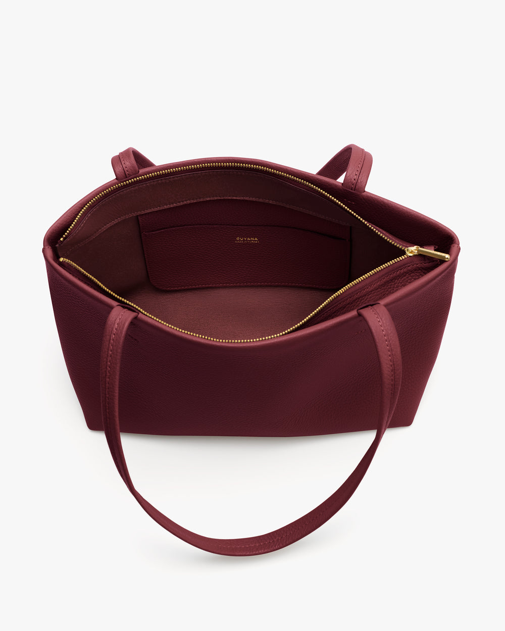 Open tote bag with long handles and inner zipper pocket.