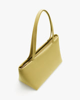 Rectangular handbag with long handles shown from an angled top view.