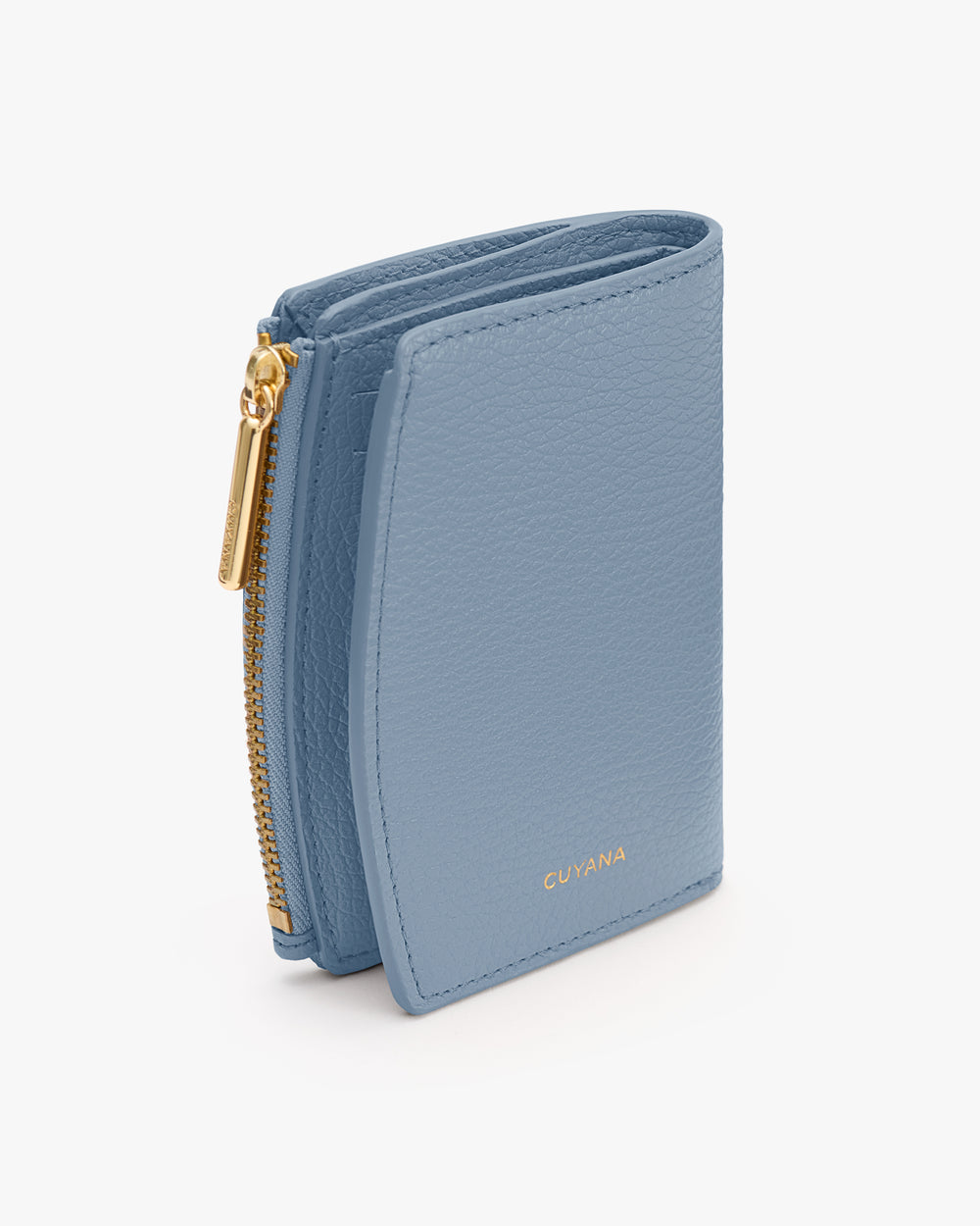 Small textured wallet with zipper and visible brand logo.