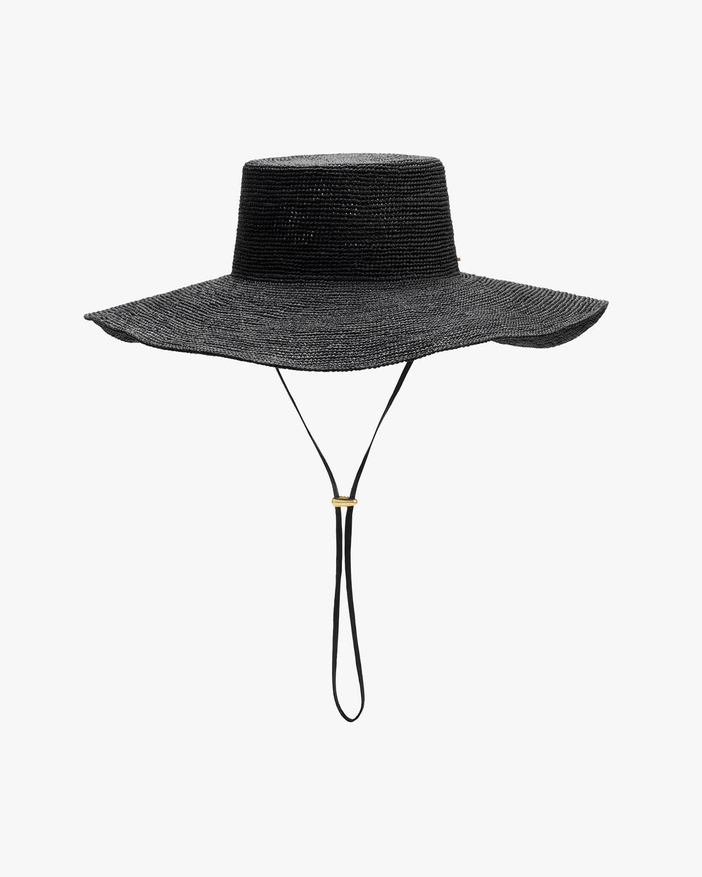 Wide-brimmed hat with chin strap.