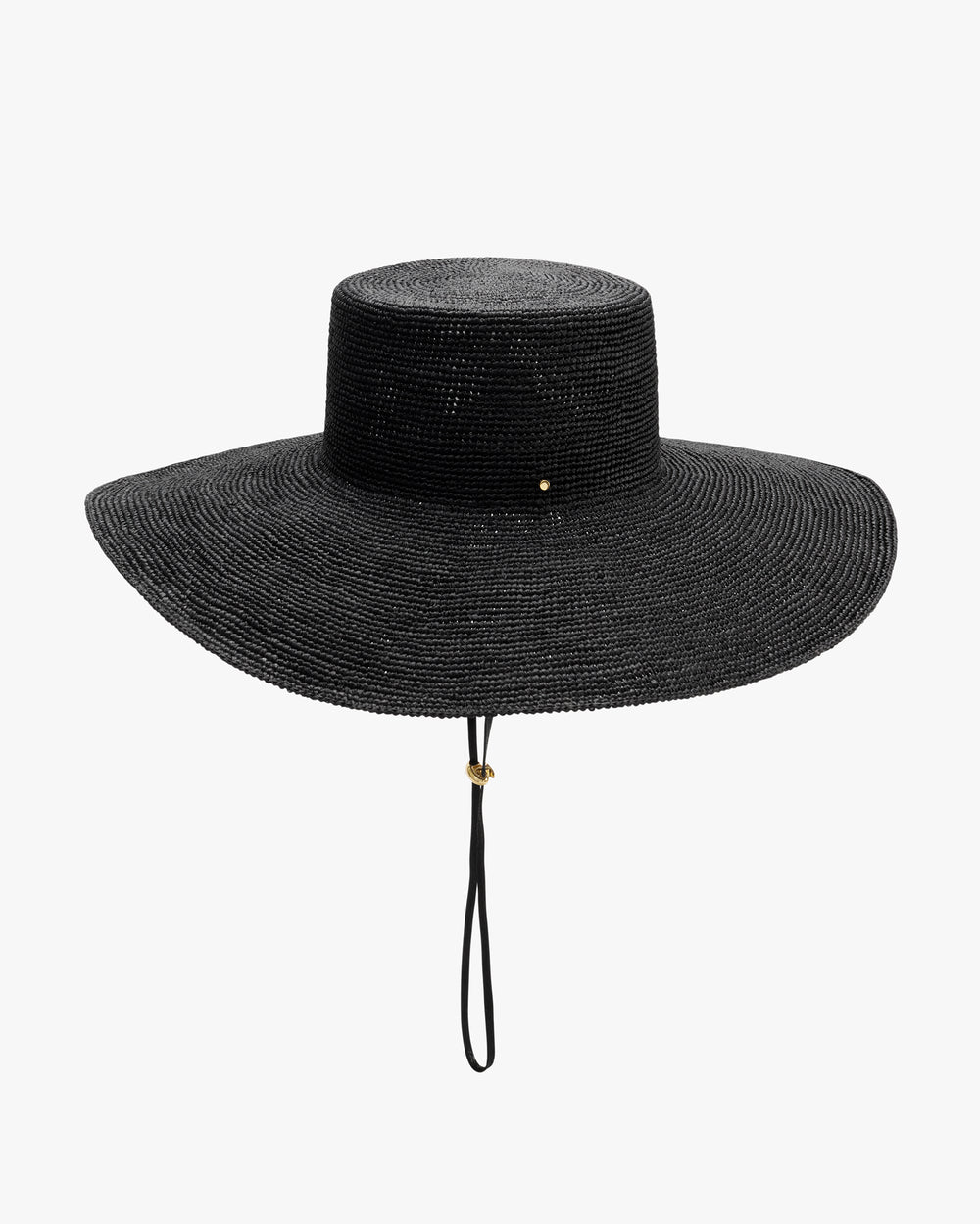 Wide-brim hat with strap and bead detail.